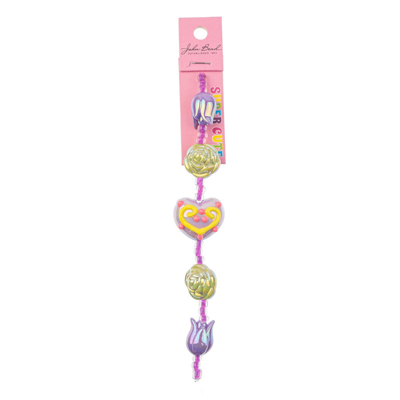 Beading - Super Cute - Acrylic Bead 5" Strand - Roses/Heart/Tulips