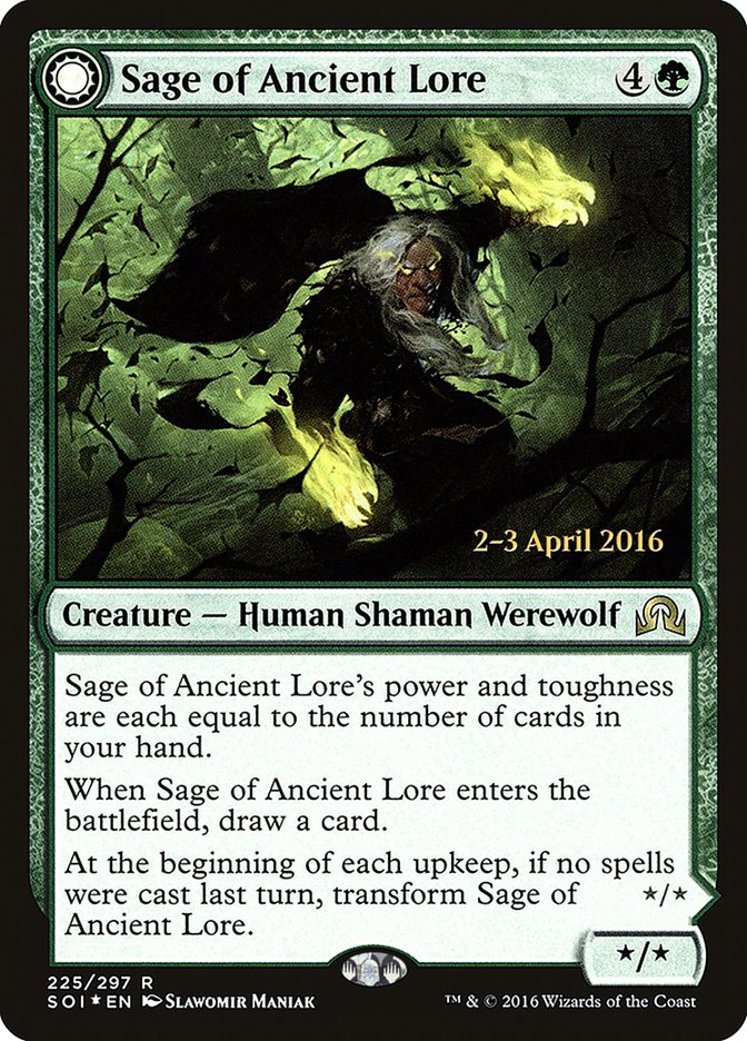 Sage of Ancient Lore // Werewolf of Ancient Hunger [Shadows over Innistrad Prerelease Promos] | Event Horizon Hobbies CA