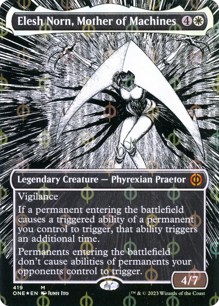 Elesh Norn, Mother of Machines (Borderless Manga Step-and-Compleat Foil) [Phyrexia: All Will Be One] | Event Horizon Hobbies CA